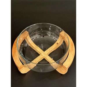 VINTAGE Two-piece Scandinavian 9" Glass Fruit / Vegetable Bowl with Wooden Base